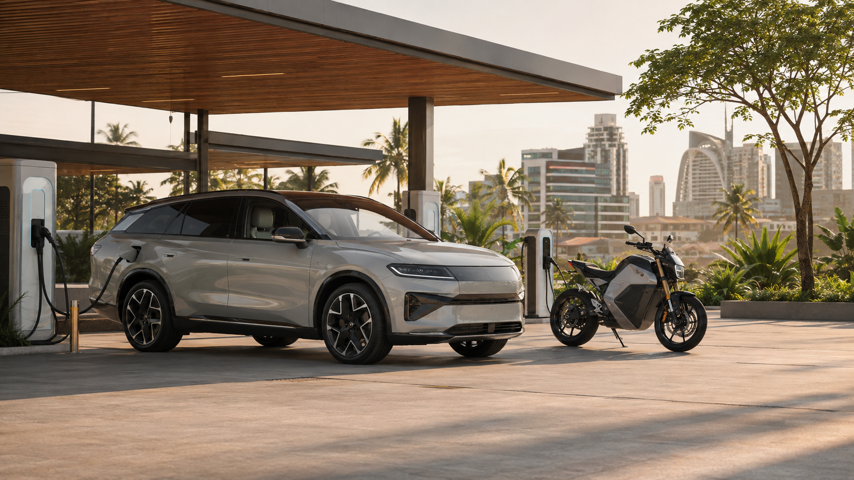 Electric vehicles at a modern WhiteCap charging hub in Ghana